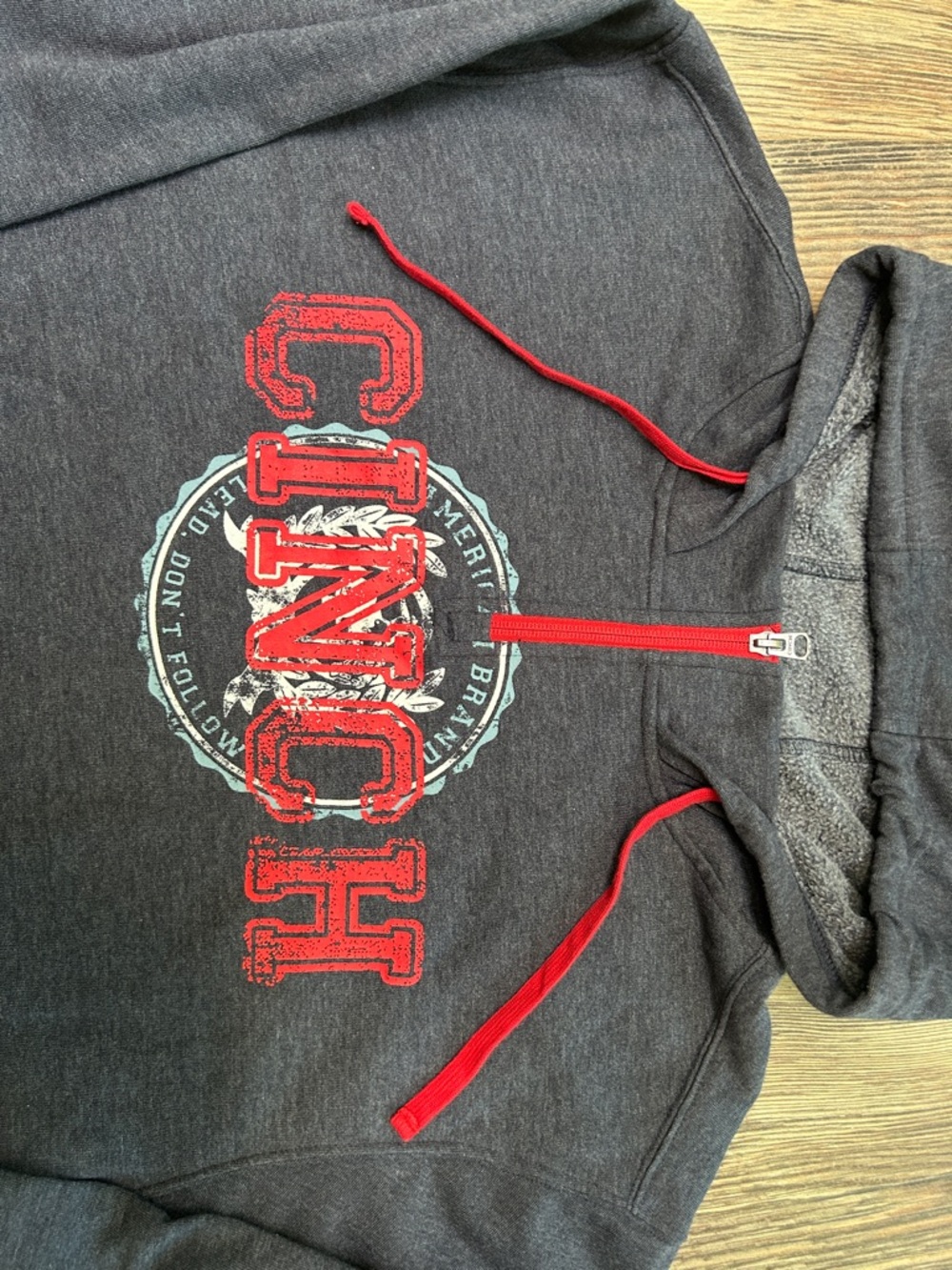 Cinch Men's Charcoal 1/4 Zip Hoodie with Red Logo and Drawstrings Size XL - Picture 2 of 7